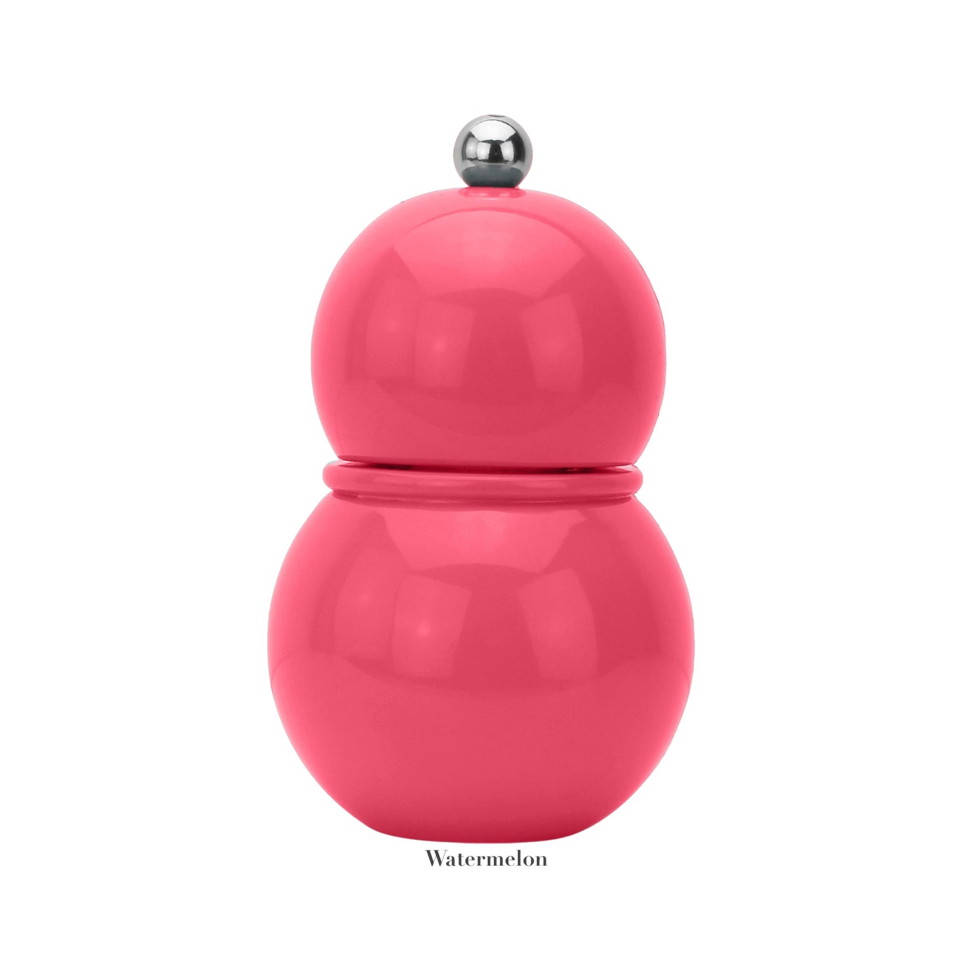 The Addison Ross Chubbie Salt and Pepper Mill Collection features a glossy pink double-sphere design with a silver top ball, ceramic mechanism, and “Watermelon” label at the base.