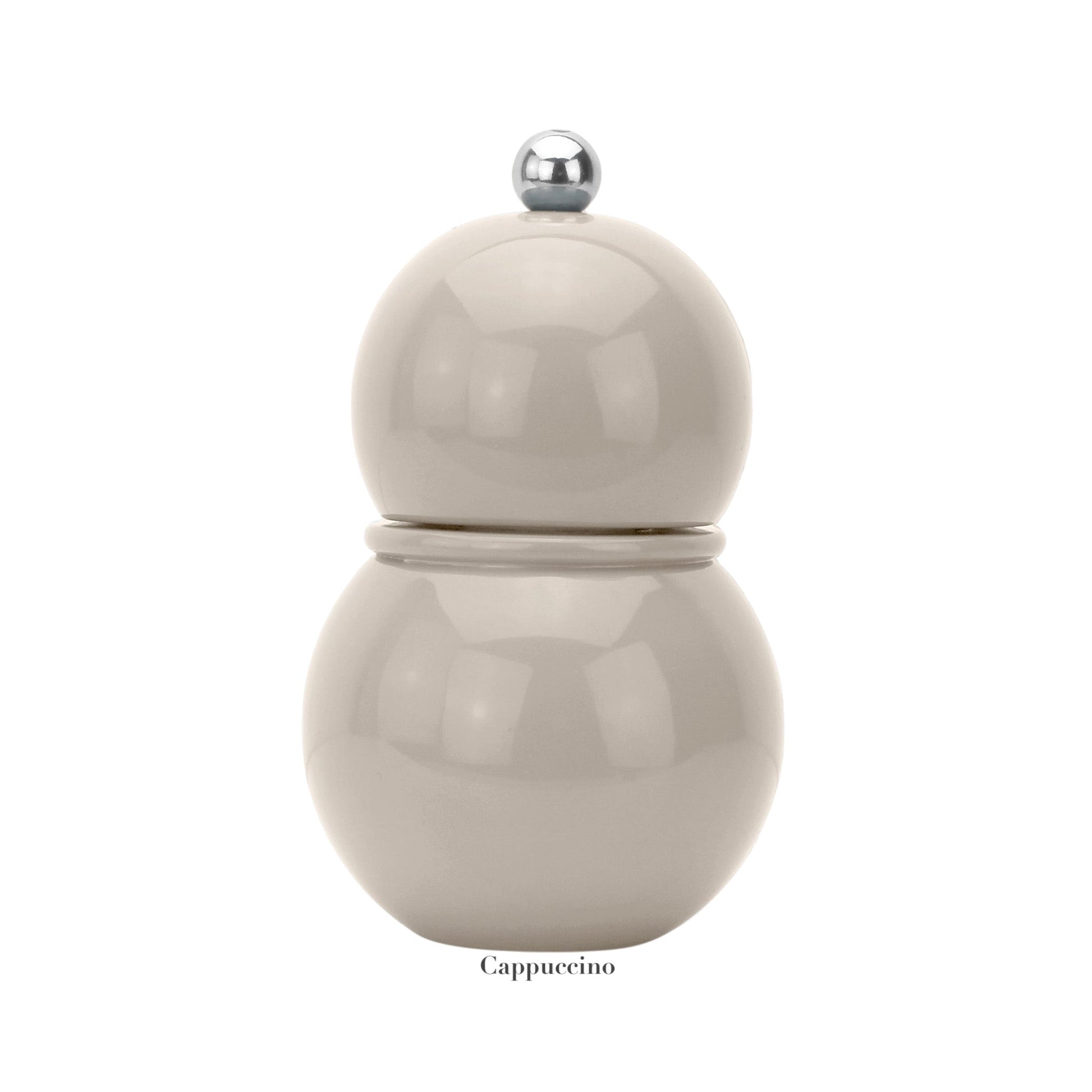 The Chubbie Salt and Pepper Mill Collection by Addison Ross features a beige, glossy double-sphere mill with a durable ceramic mechanism, silver top knob, and "Cappuccino" label underneath.