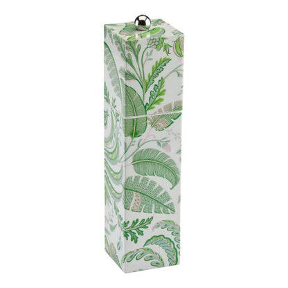 The Addison Ross Palm Beach Salt and Pepper Mill Collection features rectangular mills with hinged lids, sustainably sourced rubberwood, green leafy botanical patterns on white, and small round silver knobs.
