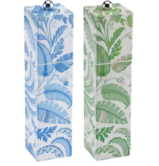 The Palm Beach Salt and Pepper Mill Collection by Addison Ross features two rectangular ceramic mills with metallic knobs, adorned in blue and green botanical patterns and finished with sustainably sourced rubberwood accents.