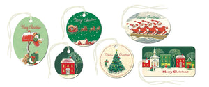 Five Vintage Christmas Village Gift Tags by Cavallini Papers and Co featuring vintage-style illustrations of Santa, a snowy village, a mailbox, and a decorated tree, all with “Merry Christmas” text.