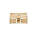 A set of square beige raffia woven coasters with white leather trim, stacked in an open-front holder from the Gable Natural/White Barware Collection by Blue Pheasant.