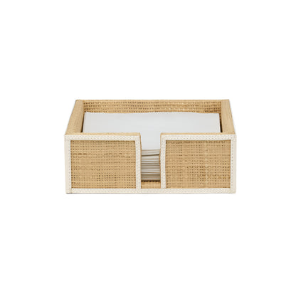 The Gable Natural/White Barware Collection by Blue Pheasant features a rectangular woven napkin holder with leather trim and a stack of white napkins, shown against a plain white background.