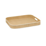 Rectangular rattan serving tray with raised sides, cutout handles, light natural finish, and leather trim. Complements the Gable Natural/White Barware Collection by Blue Pheasant.