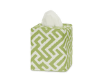 Add a stylish touch to your bathroom with the Gabriel Tissue Box Cover Collection by Matouk, featuring a green and white geometric pattern.