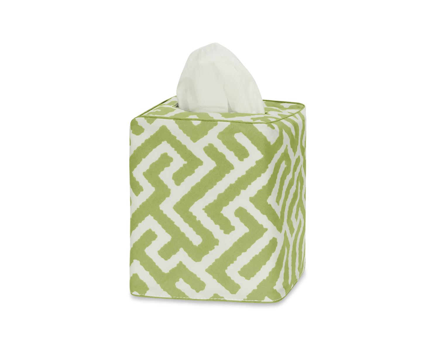 Add a stylish touch to your bathroom with the Gabriel Tissue Box Cover Collection by Matouk, featuring a green and white geometric pattern.