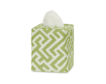 Add a stylish touch to your bathroom with the Gabriel Tissue Box Cover Collection by Matouk, featuring a green and white geometric pattern.