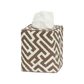 The Gabriel Tissue Box Cover Collection by Matouk features a square cover with a brown and white geometric design, accented by a top opening for easy tissue access—ideal for stylish bathroom decor.