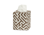 The Gabriel Tissue Box Cover Collection by Matouk features a square cover with a brown and white geometric design, accented by a top opening for easy tissue access—ideal for stylish bathroom decor.