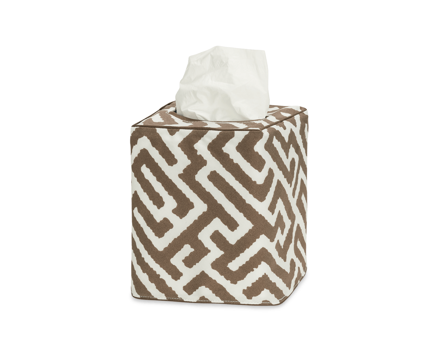 The Gabriel Tissue Box Cover Collection by Matouk features a square cover with a brown and white geometric design, accented by a top opening for easy tissue access—ideal for stylish bathroom decor.