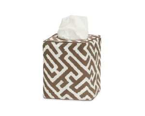 The Gabriel Tissue Box Cover Collection by Matouk features a square cover with a brown and white geometric design, accented by a top opening for easy tissue access—ideal for stylish bathroom decor.