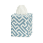 The Gabriel Tissue Box Cover Collection by Matouk features a blue and white geometric design, adding style to any bathroom. One tissue is shown protruding from the top.