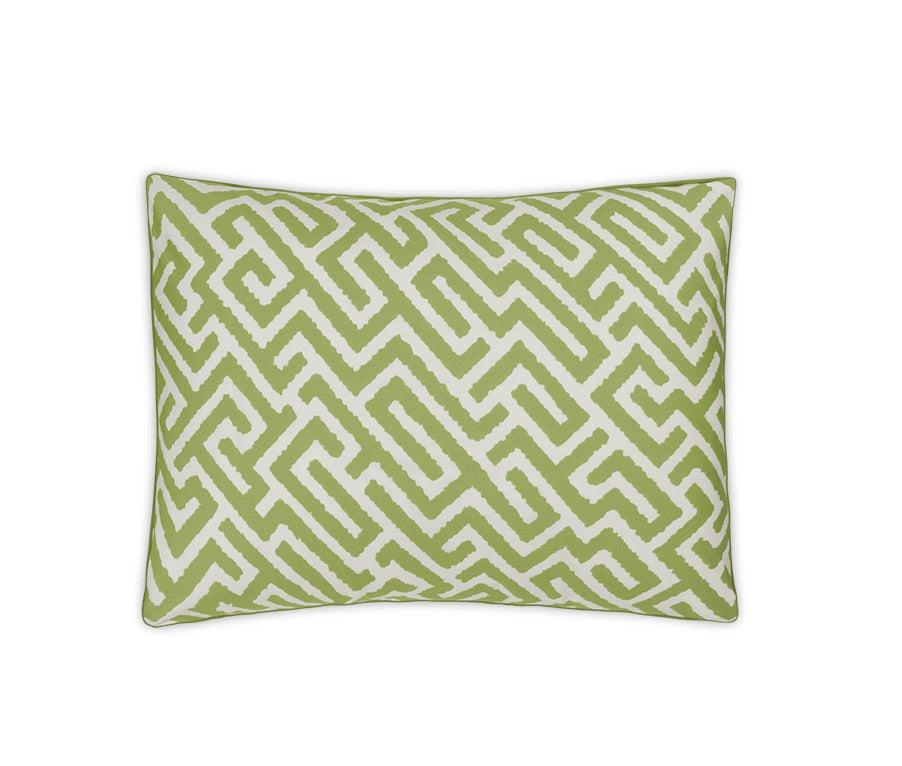 Rectangular pillow featuring a green and white geometric maze-like pattern on a white background, inspired by luxury bed linen and ideal for pairing with your favorite pieces from the Matouk Gabriel Bedding Collection or other geometric motif bedding.
