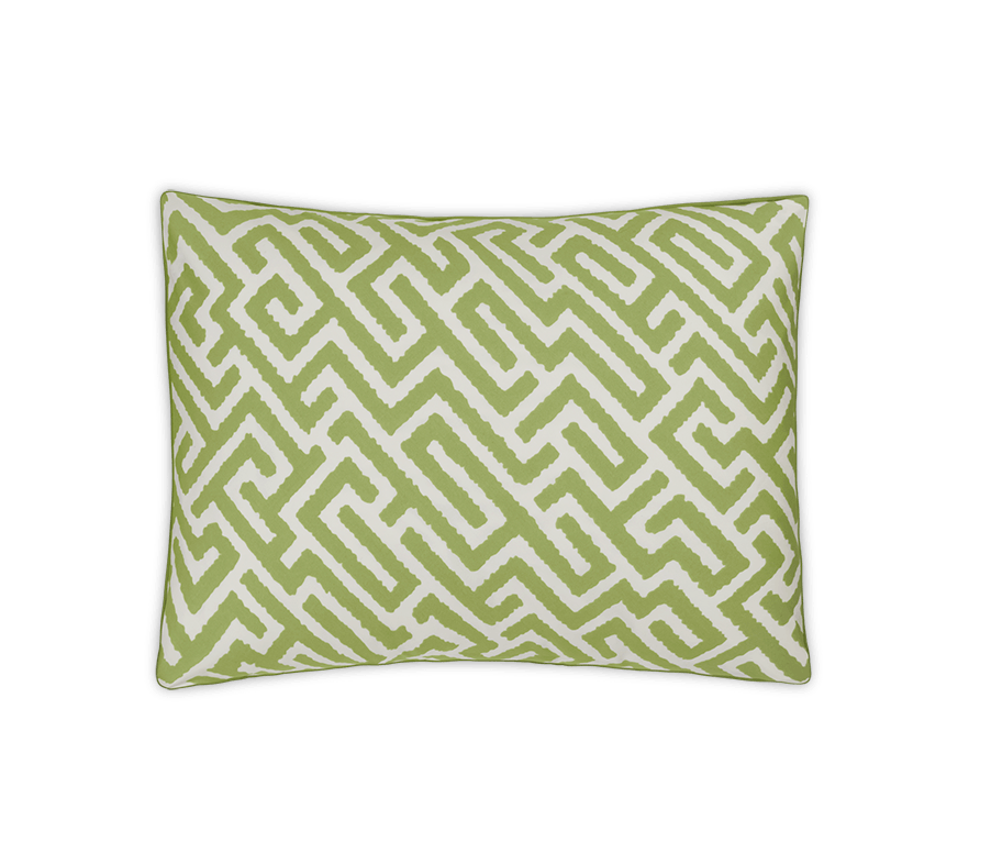 Square decorative pillow in green and white geometric maze pattern from the Gabriel Bedding Collection, Grass by Matouk. Perfect for pairing with luxury bed linens or complementing Matouk’s geometric motif bedding. Shown on a plain white background.