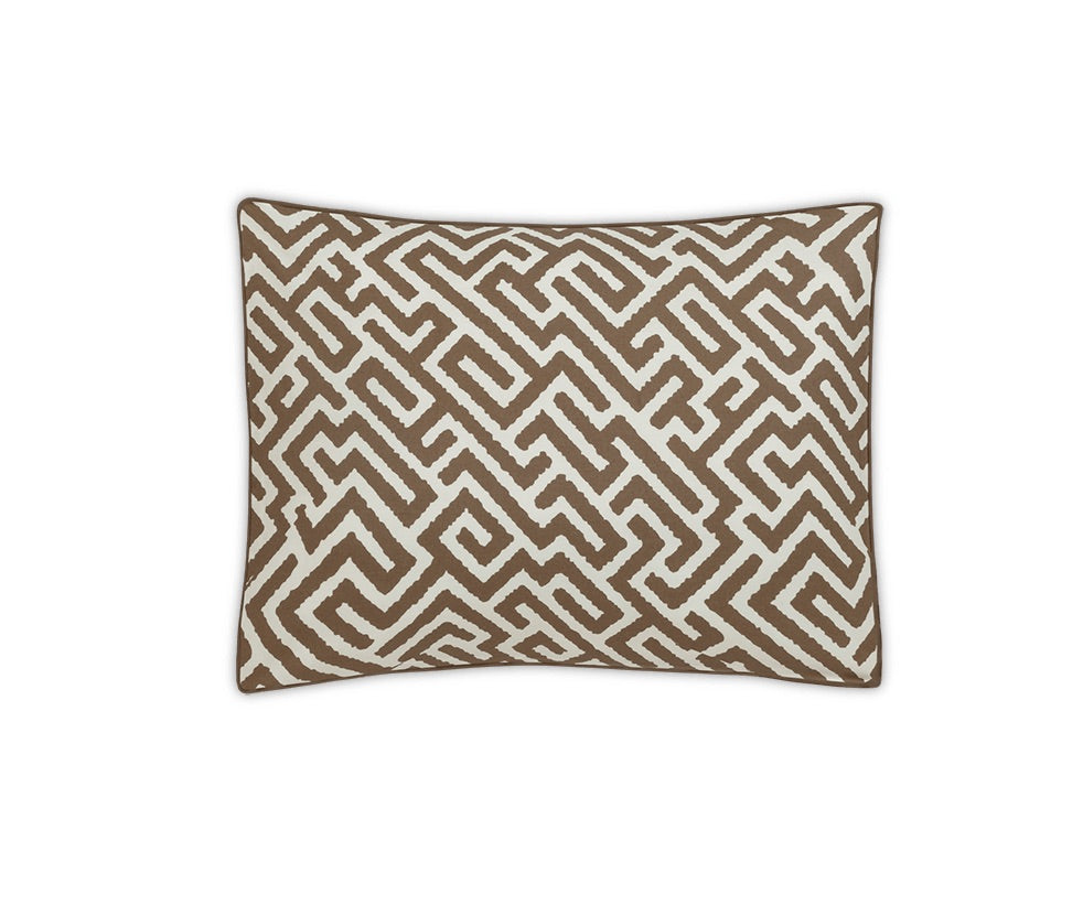 The Matouk Gabriel Bedding Collection square throw pillow features a crisp white background adorned with a sophisticated brown geometric maze-like pattern, echoing the premium motifs found throughout the collection. With neatly finished edges and photographed against a plain white backdrop, this pillow is an ideal accent piece for luxury bed linen ensembles.