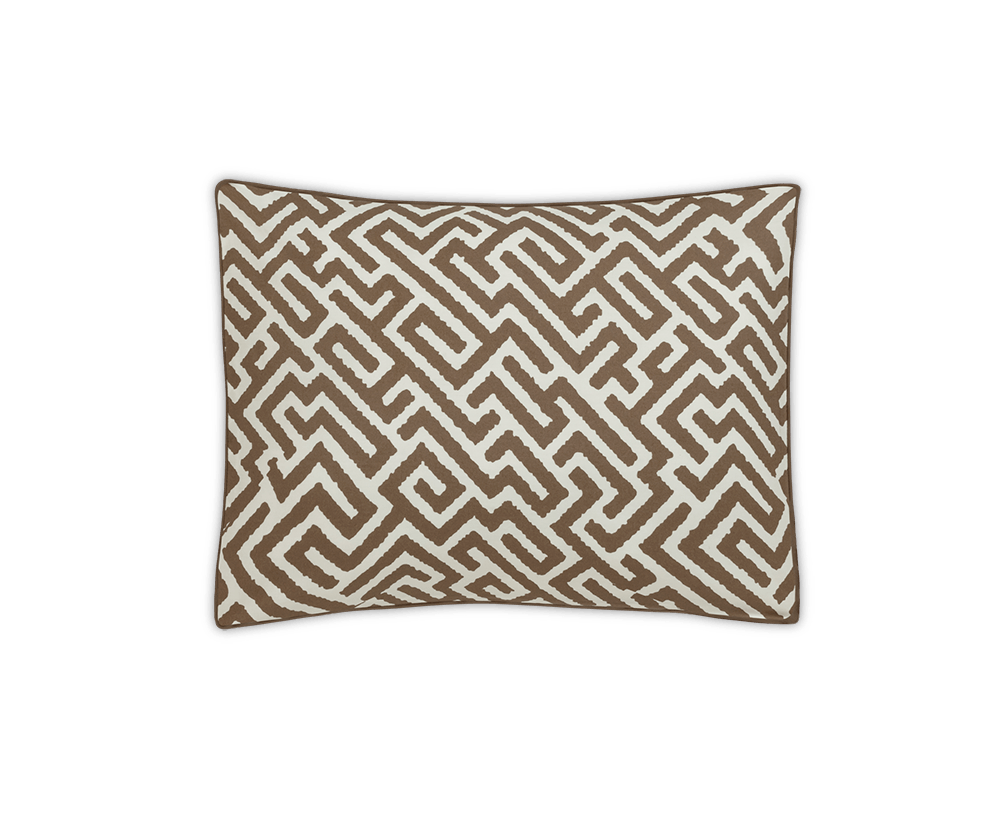 Square pillow featuring a brown and white geometric maze pattern inspired by the Matouk Gabriel Bedding Collection in Mocha, displayed on a plain white background.