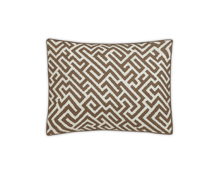 Square pillow featuring a brown and white geometric maze pattern inspired by the Matouk Gabriel Bedding Collection in Mocha, displayed on a plain white background.