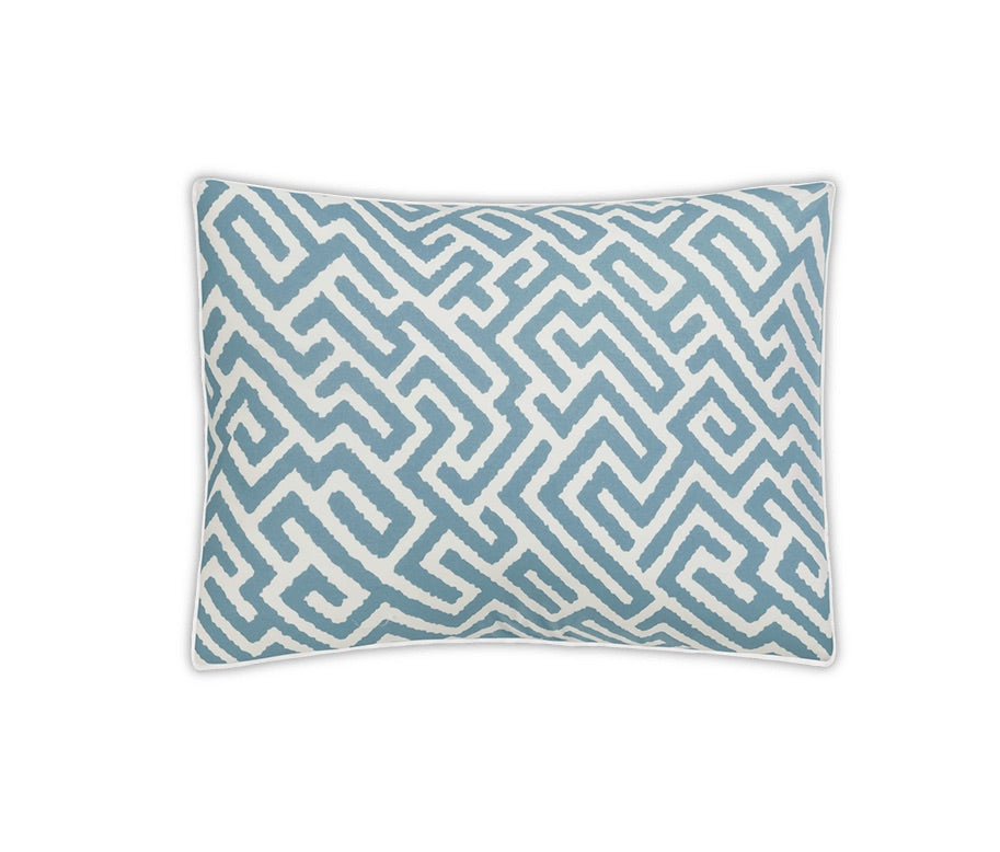 Rectangular pillow from the Gabriel Bedding Collection by Matouk, featuring a blue and white geometric maze-like pattern on luxurious fabric, displayed against a white background.