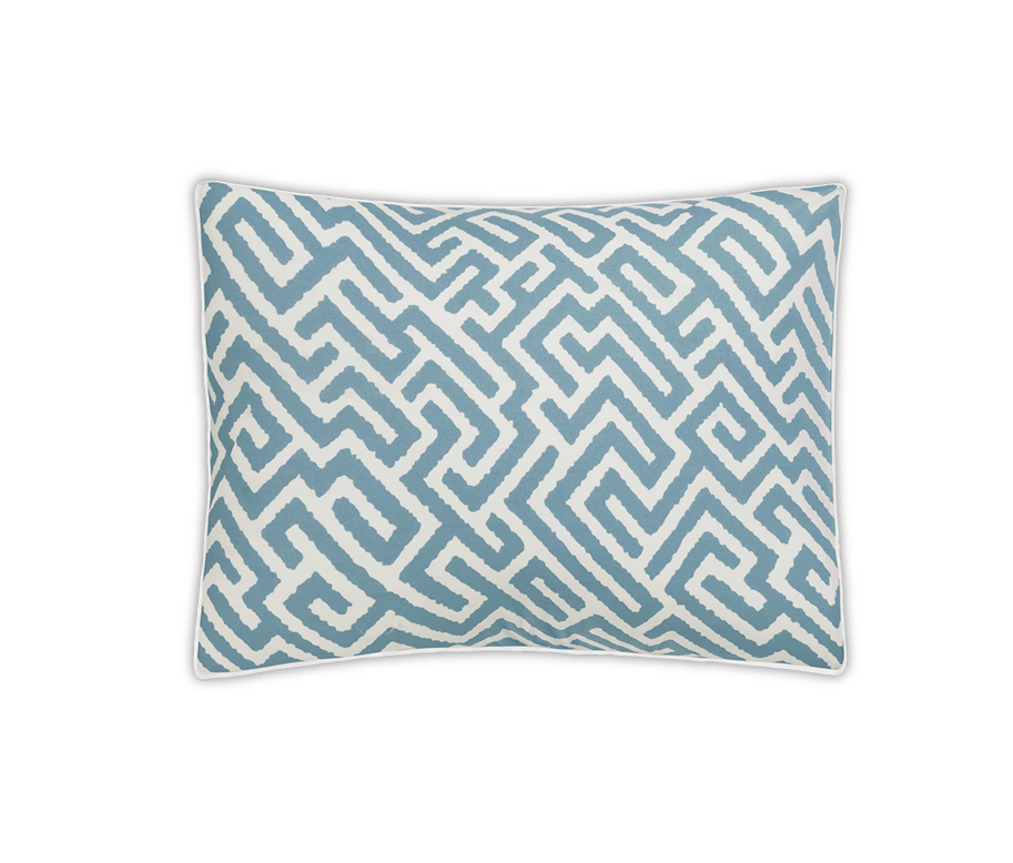 Square pillow from the Matouk Gabriel Bedding Collection in Stony Blue, featuring a blue and white geometric maze pattern—ideal for elevating your luxury bed linen ensemble with signature Matouk elegance.