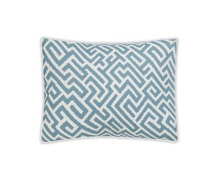 Square pillow from the Matouk Gabriel Bedding Collection in Stony Blue, featuring a blue and white geometric maze pattern—ideal for elevating your luxury bed linen ensemble with signature Matouk elegance.
