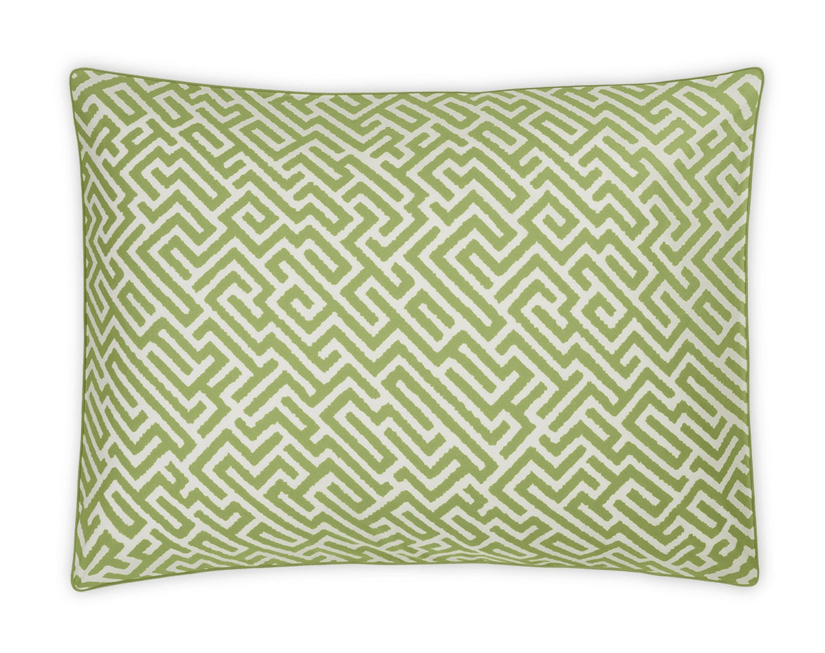 Rectangular pillow from the Gabriel Bedding Collection by Matouk, featuring a green and white geometric maze pattern on the cover, viewed from above against a white background—a striking accent that perfectly complements geometric motif bedding for a modern, sophisticated touch.