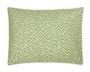Square decorative pillow featuring a green and white geometric maze pattern from the Matouk Gabriel Bedding Collection in Grass, inspired by Schumacher luxury linens, displayed against a plain white background.
