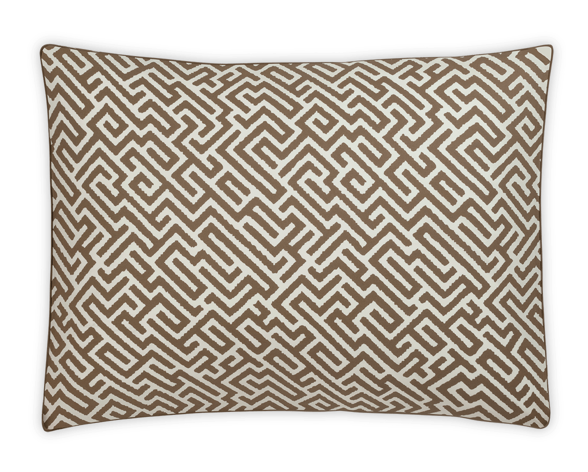 Square pillow from the Matouk Gabriel Bedding Collection in Mocha, featuring a brown and white geometric maze pattern, inspired by Matouk Schumacher motifs, shown against a plain white background.