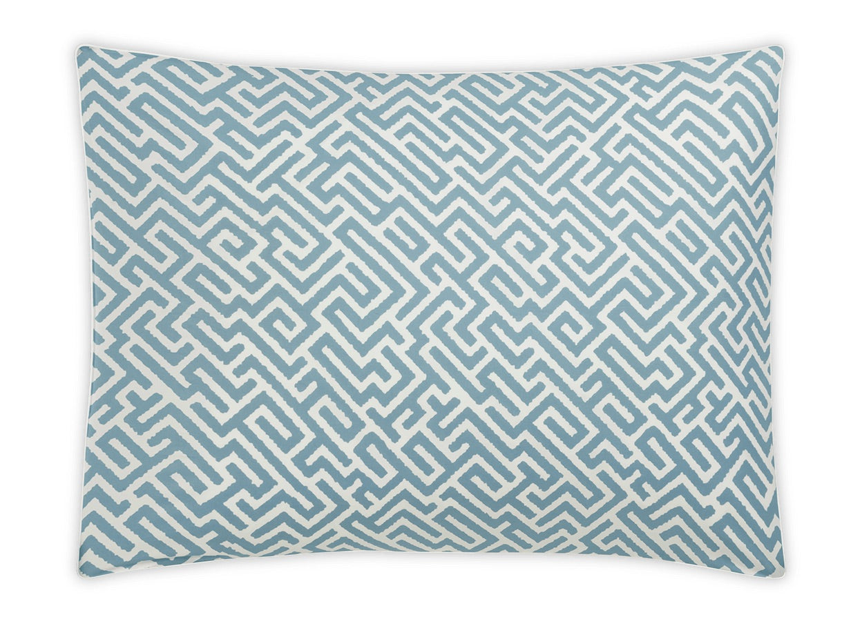 Rectangular pillow from the Gabriel Bedding Collection by Matouk, featuring a blue and white maze-like geometric pattern on its cover, displayed against a white background.