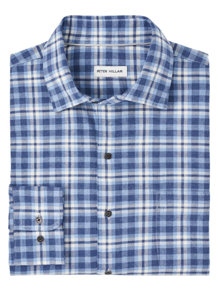 Folded blue and white plaid Peter Millar Gander Cotton Sport Shirt with a visible label inside the spread collar, showcasing its Classic Fit design.