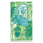 Illustration of a garden scene with lush green potted plants, an arched doorway, and steps in blue and green tones, featuring Caspari’s Garden Arbors Collection for eco-friendly tableware.