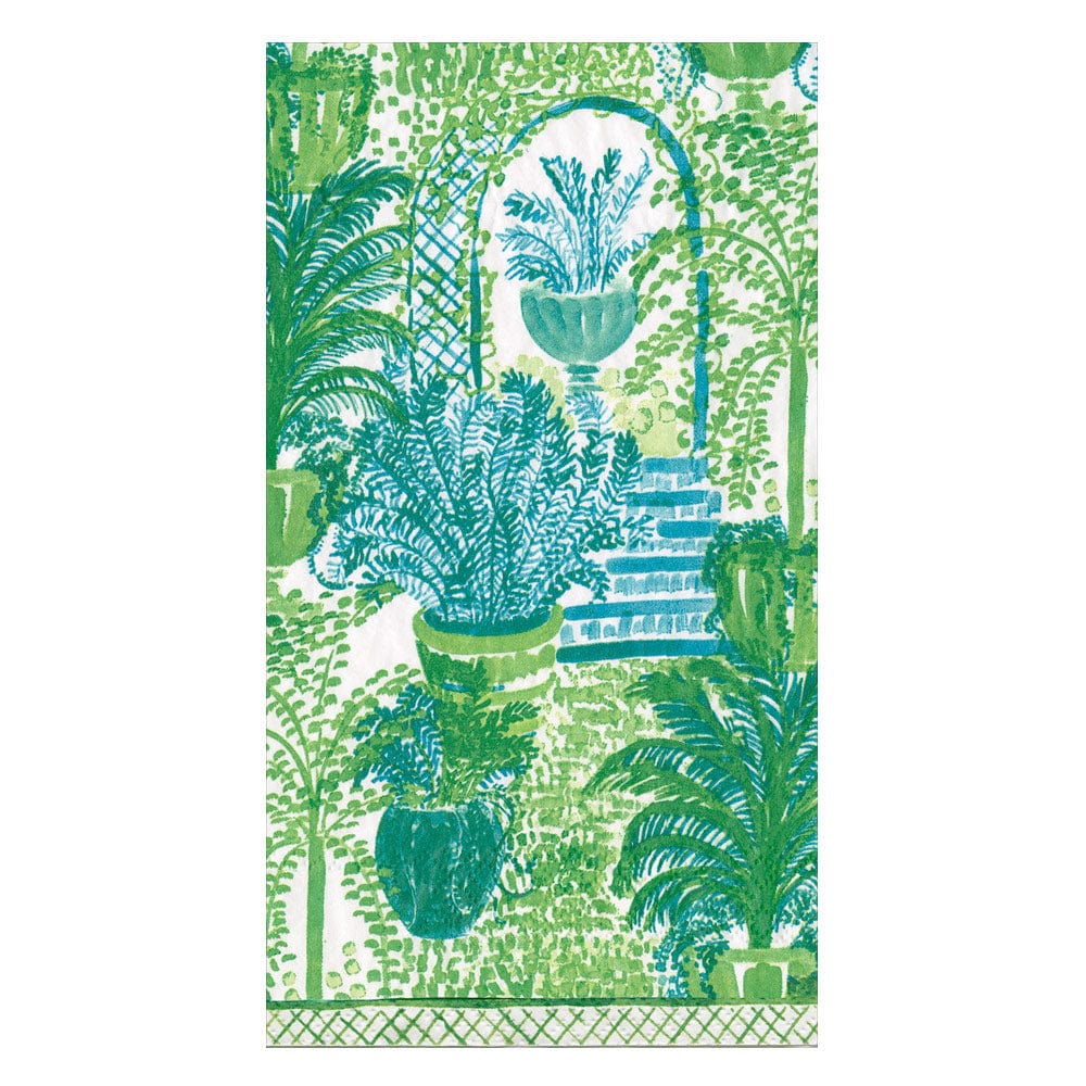 Illustration of a garden scene with lush green potted plants, an arched doorway, and steps in blue and green tones, featuring Caspari’s Garden Arbors Collection for eco-friendly tableware.