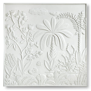 The Bunny Williams Tropical Garden Plaster Panel is a white Art Deco bas relief mural featuring embossed tropical plants, flowers, and trees on a smooth background.