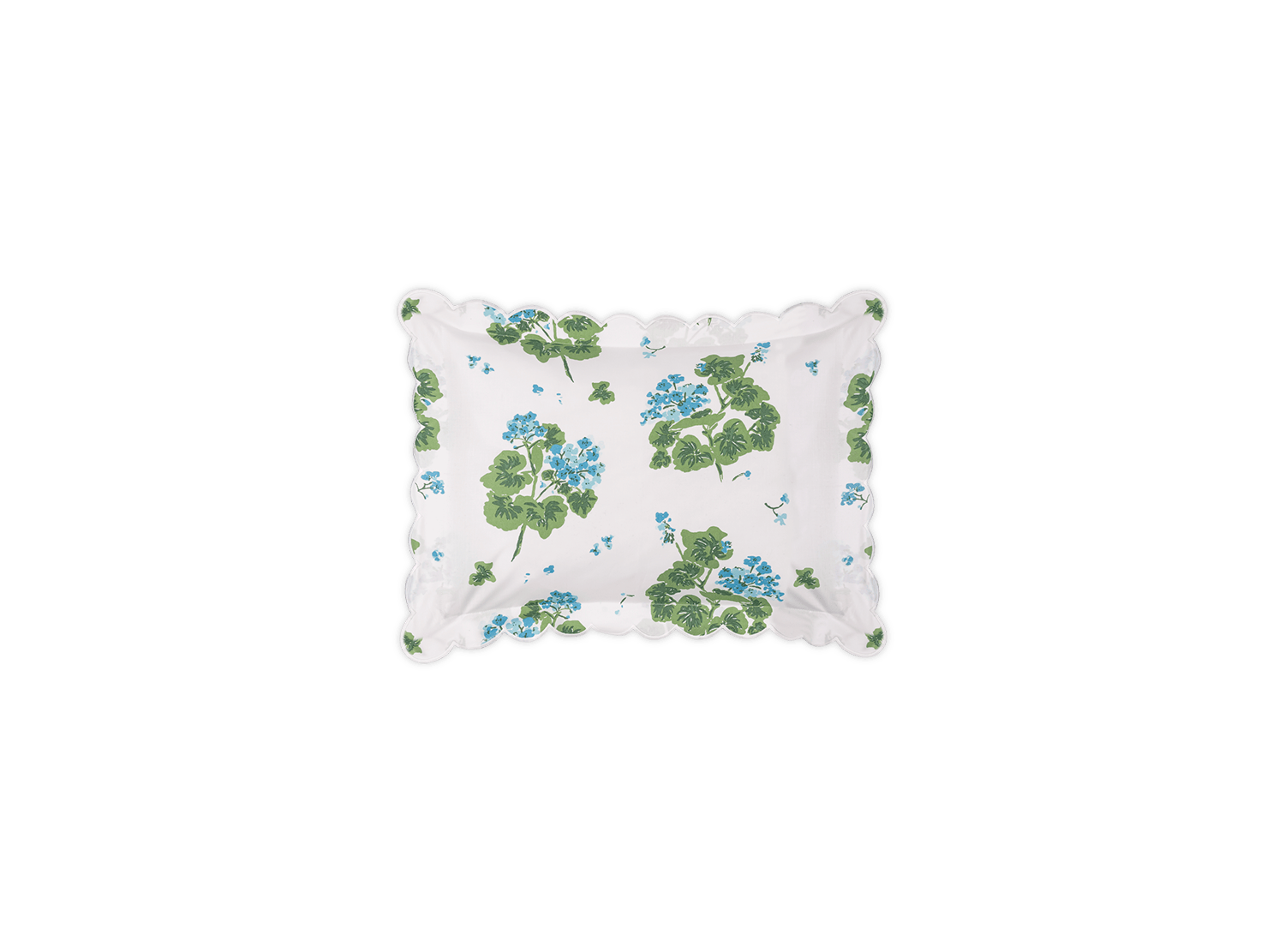 White rectangular pillow from the Tillett x Matouk Geranium Bedding Collection, Blue, by Matouk, featuring a green and blue floral pattern with scalloped edges and small blue accents on crisp Luca percale.