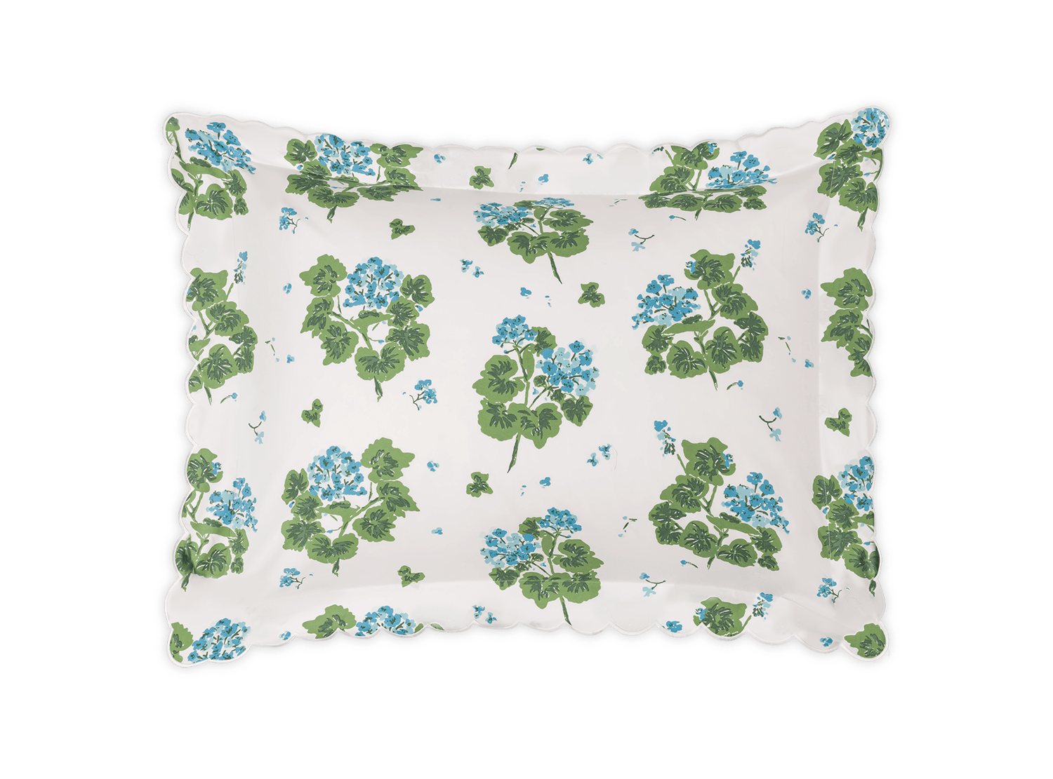 Rectangular pillowcase with scalloped edges, white background, and green and blue floral print from the Tillett x Matouk Geranium Bedding Collection by Matouk—perfect to pair with other pieces from this collection.