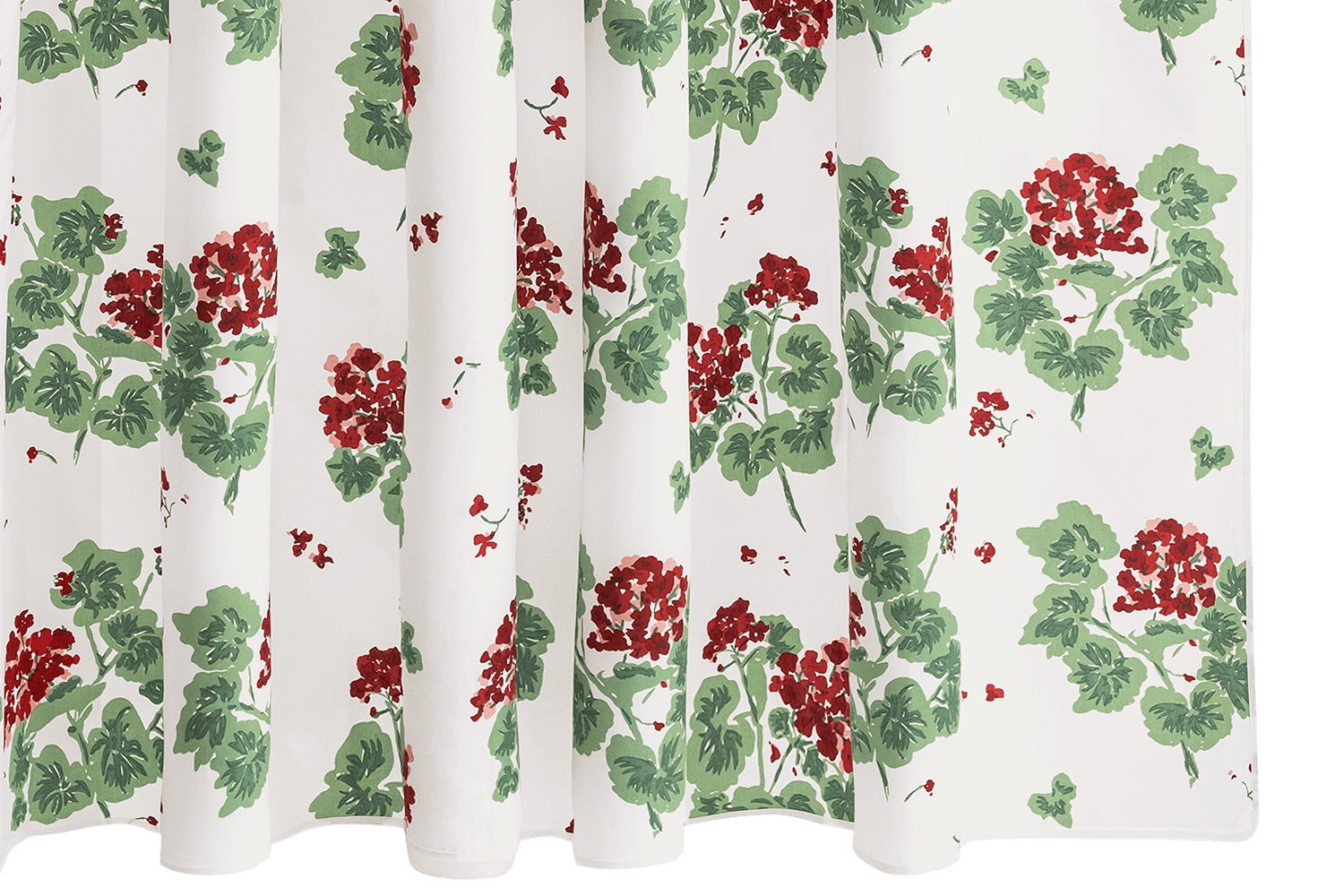The Geranium Shower Curtain Collection by Matouk features a white backdrop with green leaves and red floral clusters, inspired by the Tillett design and repeated across crisp percale fabric.