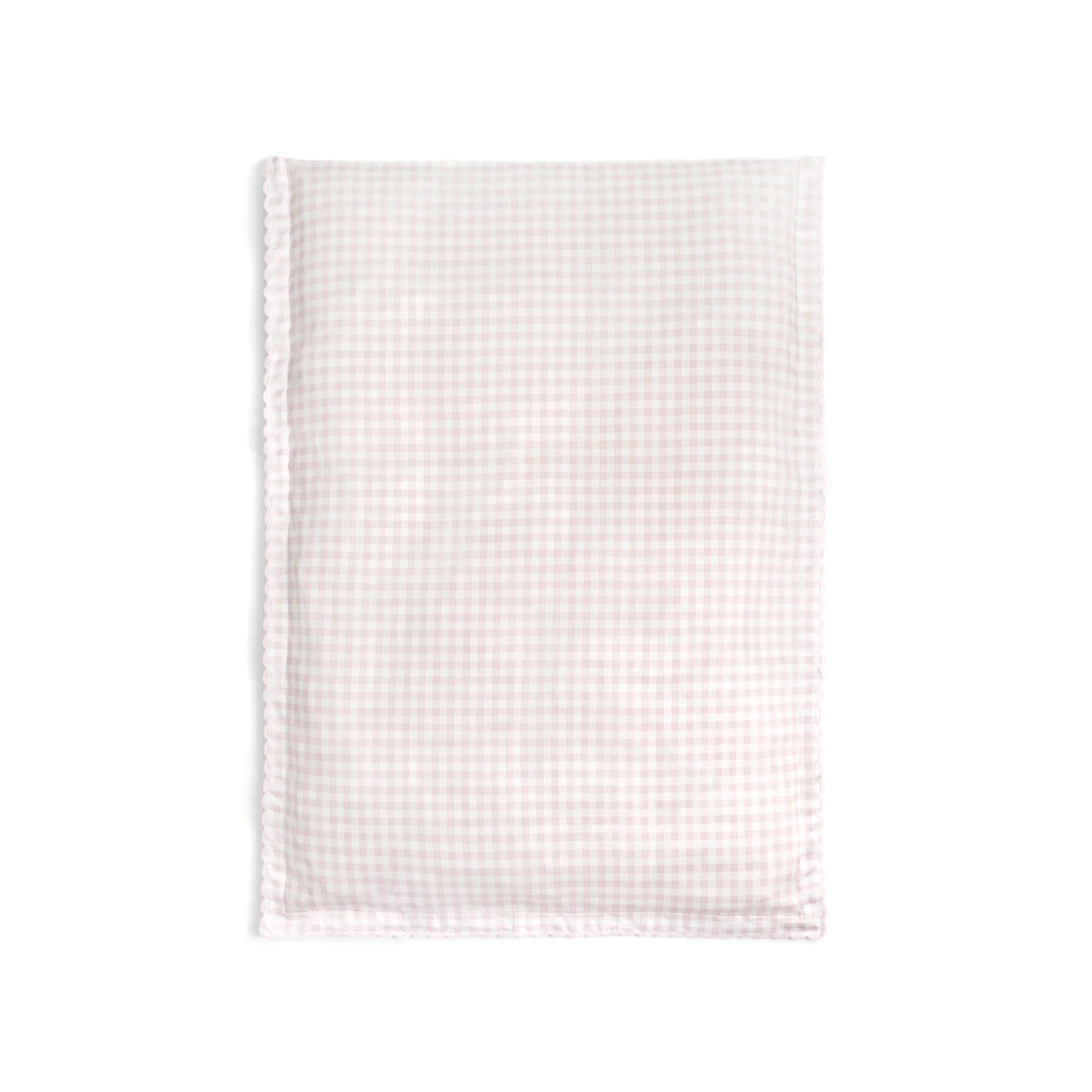The Gooselings Pink Picnic Gingham Bedding features a rectangular, light pink and white gingham-patterned quilt made from pure materials, displayed on a white background.