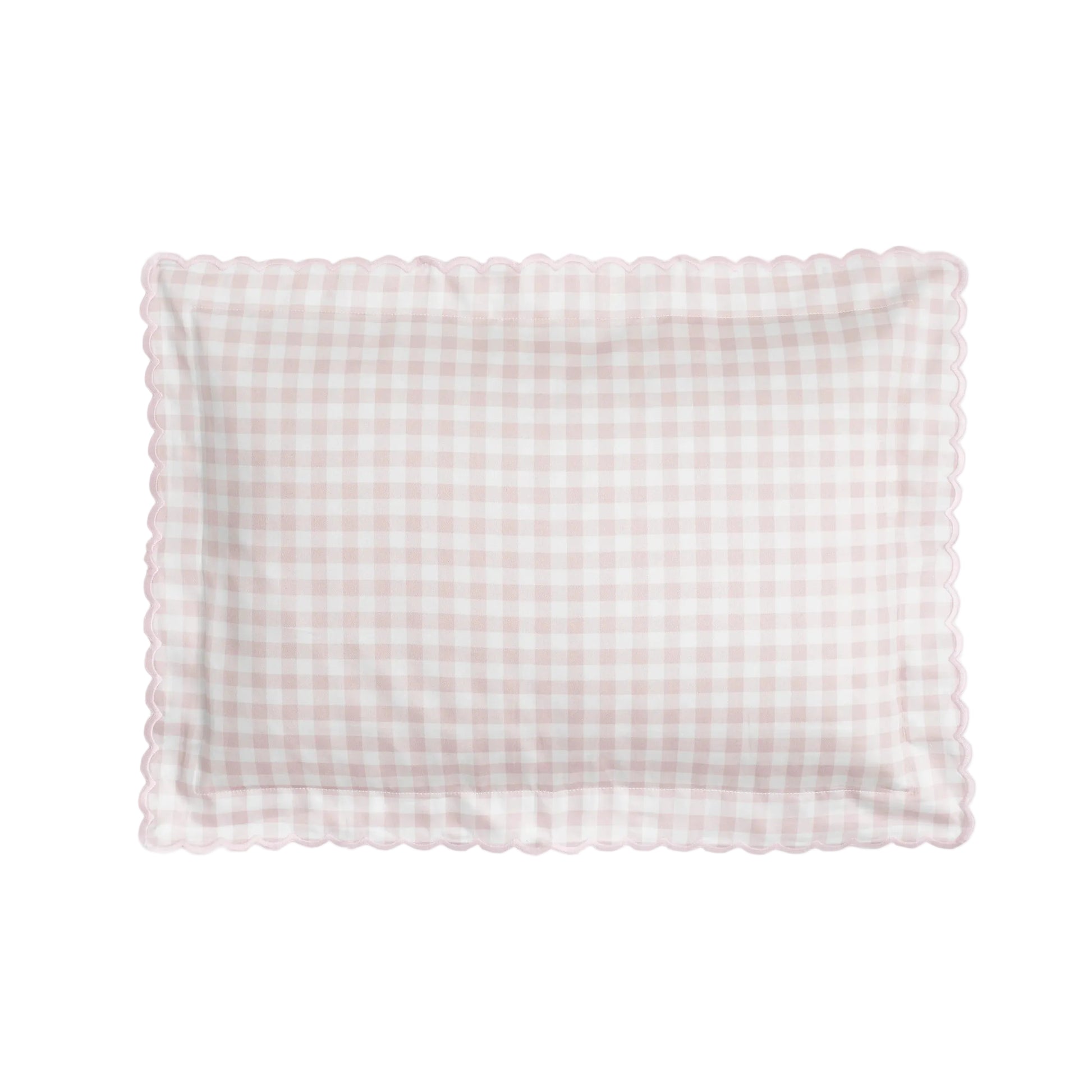 The Gooselings Pink Picnic Gingham Bedding is a rectangular pillow with a pink and white gingham check pattern and scalloped edges, made from pure materials for breathable baby bedding, shown against a white background.