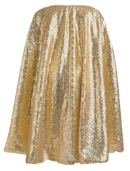 The Great Pretenders Gracious Gold Sequins Cape in size 5-6 is displayed against a plain white background, making it perfect for the holiday season.