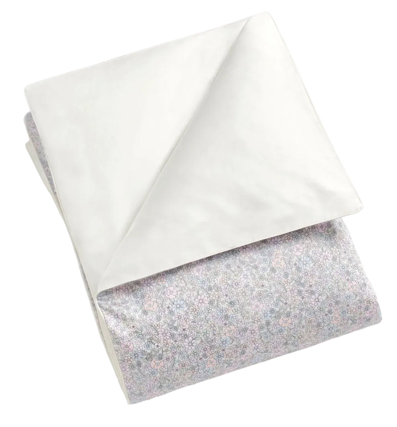 The Gooselings Enchanted Wildflowers Toddler Duvet is folded to show its lightweight design, with the white side on top and the pastel floral pattern of wildflowers partially visible underneath.