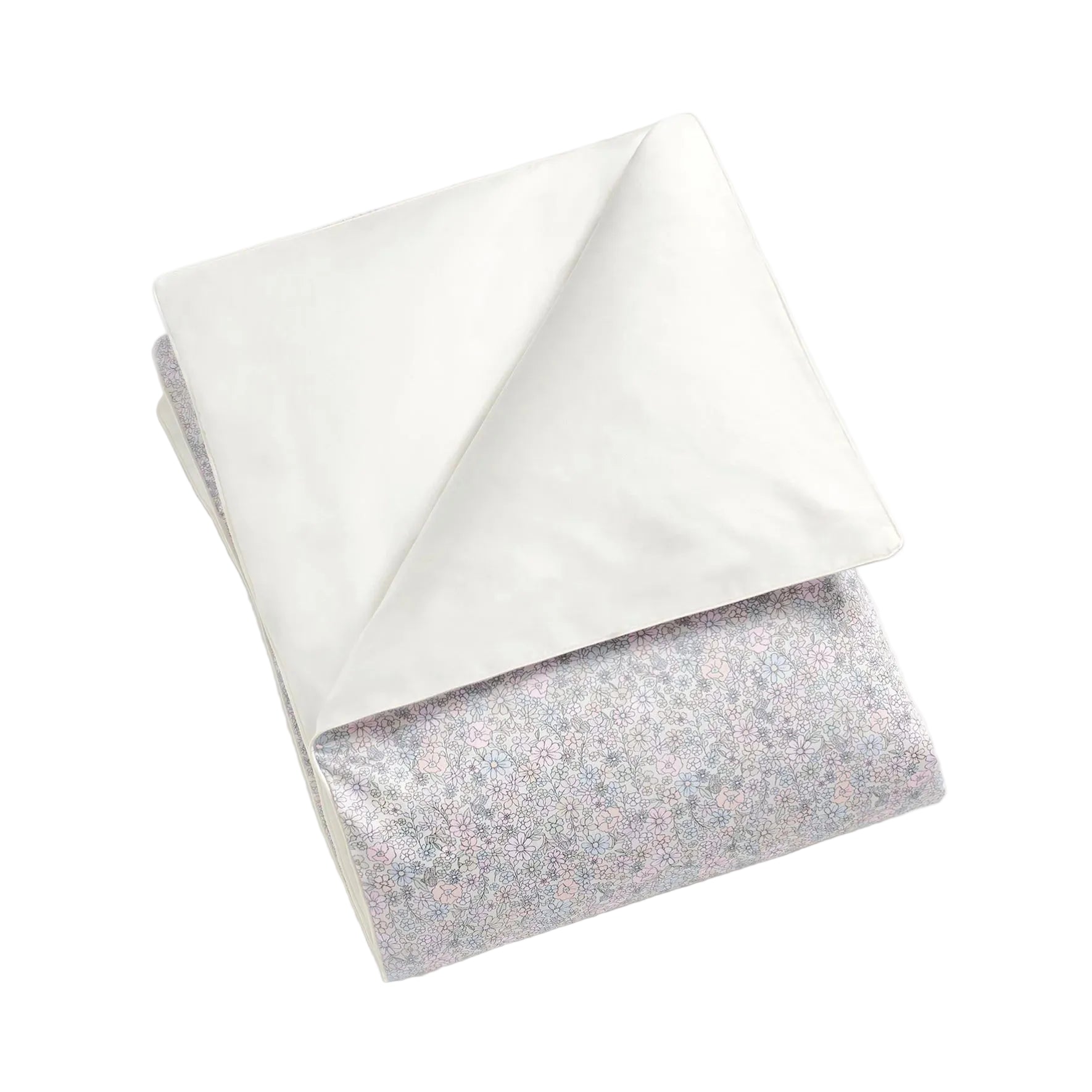 The Gooselings Enchanted Wildflowers Bedding Collection features a folded OEKO-TEX certified baby blanket made from pure materials, with one side plain white and the other adorned in a light floral pattern for breathable, safe bedding.
