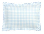 The Gooselings Picnic Gingham Blue Toddler Pillow features a light blue and white check pattern with scalloped edges, creating a cozy look for your child’s sweet dreams.
