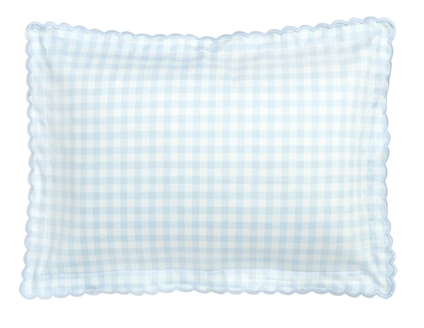 The Gooselings Picnic Gingham Blue Toddler Pillow features a light blue and white check pattern with scalloped edges, creating a cozy look for your child’s sweet dreams.