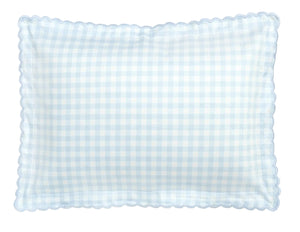 The Gooselings Picnic Gingham Blue Toddler Pillow features a light blue and white check pattern with scalloped edges, creating a cozy look for your child’s sweet dreams.