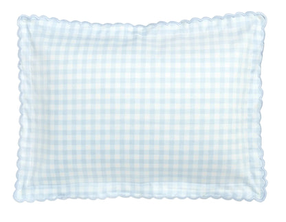 The Gooselings Picnic Gingham Blue Toddler Pillow features a light blue and white check pattern with scalloped edges, creating a cozy look for your child’s sweet dreams.