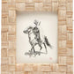 A black and white drawing of a caped rider on horseback, showcased in the extra-thick profile Grasse Frame Collection by Pigeon & Poodle.