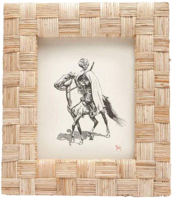 A black and white drawing of a caped rider on horseback, showcased in the extra-thick profile Grasse Frame Collection by Pigeon & Poodle.