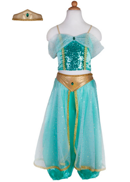 A turquoise and gold Great Pretenders Jasmine Princess Set with sequins on a mannequin, accompanied by a matching hat.