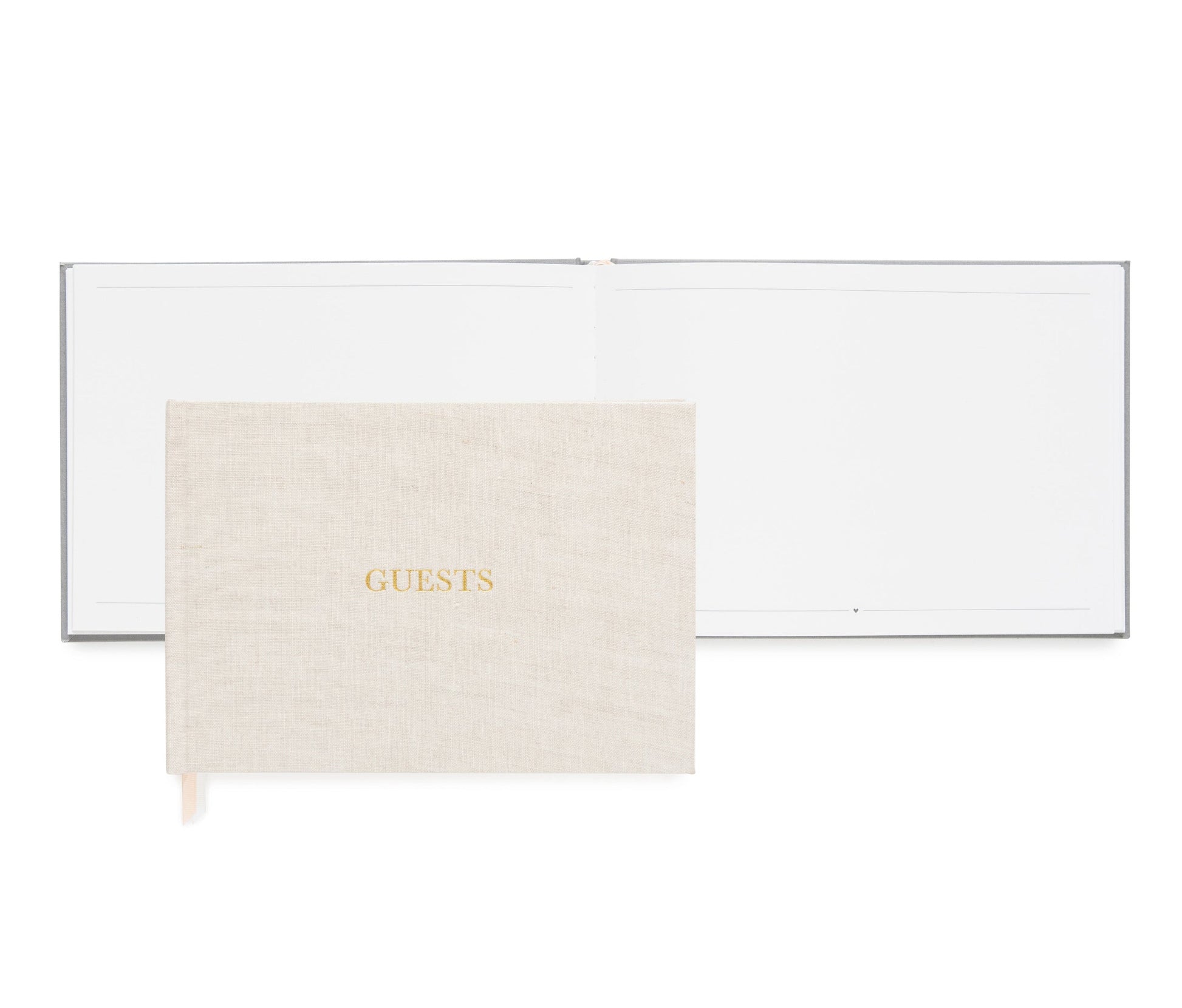 The Sugar Paper Flax Guest Book features premium linen book cloth with "GUESTS" embossed in gold, shown closed and open to blank pages—ideal for capturing memories.