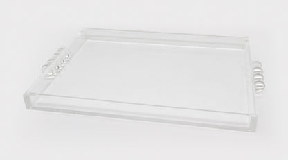 The Tizo Design Acrylic Tray with Bubble Handles Collection features a clear rectangular acrylic tray with stylish bubble handles, ideal for serving at home gatherings, shown against a white background.