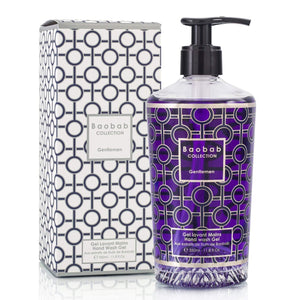 The Baobab Collection Gentlemen Body Wellness hand wash gel by Baobab, featuring a geometric purple and black design, offers a refined masculine scent inspired by amber notes and comes with a matching patterned box.